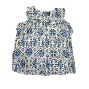Worthington Womens Blue & White Floral Sleeveless Tank Ruffle Blouse Size L